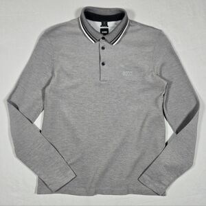 BOSS Hugo Boss Men's Gray Plisy Long Sleeve Polo Shirt White Collar Trim